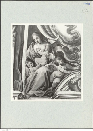 Vorderseite von National Gallery of Art, Washington? [https://www.deutsche-digitale-bibliothek.de/content/lizenzen/rv-ez/] Dekorationsprogramm mit Personifikationen, Wappen und Landschaften mit heiligen EremitenWappenkartusche, flankiert von den Personifikationen der Caritas und der Vigilantia - Detail: Caritas, bh321414_recto. Foto: Hutzel, Max.