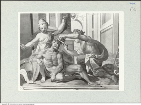 Vorderseite von Getty Research Institute [https://www.deutsche-digitale-bibliothek.de/content/lizenzen/rv-ez/] Szenen aus dem Alten Testament, Wappen und PersonifikationenSamson und Delila - Teilansicht, bh321420_recto. Foto: Hutzel, Max.