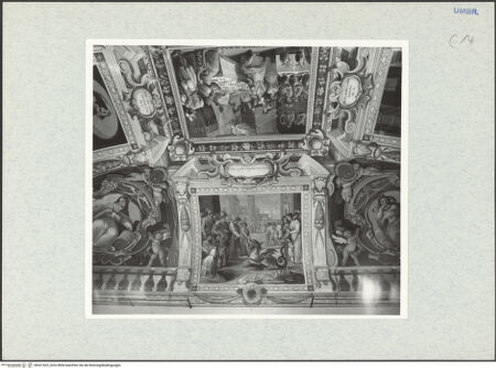 Vorderseite von National Gallery of Art, Washington? [https://www.deutsche-digitale-bibliothek.de/content/lizenzen/rv-ez/] Dekorationsprogramm mit Personifikationen und Szenen aus der Geschichte Daniels - Teilansicht: Daniel füttert den Drachen (unten); Das Gastmahl des Belsazar (oben), bh321423_recto. Foto: Hutzel, Max.