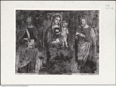 Vorderseite von Getty Research Institute [https://www.deutsche-digitale-bibliothek.de/content/lizenzen/rv-ez/] Thronende Madonna mit den Aposteln Bartholomäus und Jakobus Major - Gesamtansicht, bh321500_recto. Foto: Hutzel, Max.
