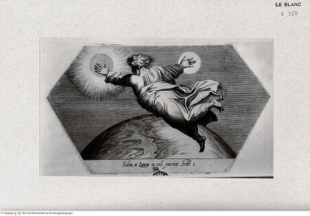 Vorderseite von Landesbildstelle Rheinland [http://creativecommons.org/publicdomain/mark/1.0/] "La Sacra Genesi" - Stichserie nach den Loggien des VatikanGott erschafft Sonne und Mond - Bl. 3 - , bh321566. Foto.