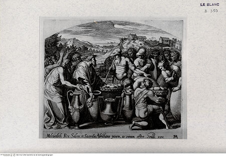 Vorderseite von Landesbildstelle Rheinland [http://creativecommons.org/publicdomain/mark/1.0/] "La Sacra Genesi" - Stichserie nach den Loggien des VatikanAbraham bietet Melchisedek Wein und Brot an - Bl. 15 - , bh321567. Foto.