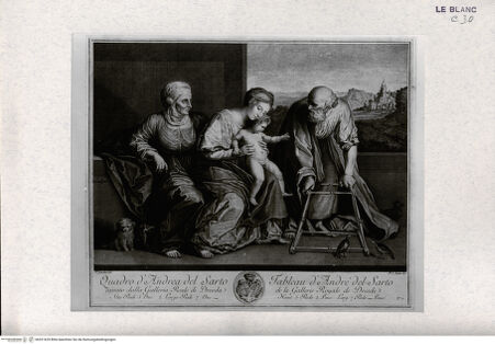 Vorderseite von Landesbildstelle Rheinland [http://creativecommons.org/publicdomain/mark/1.0/] Recueil d'Estampes d'aprés les plus célébres tableaux de la Galerie Royale de Dresde. I. Volume. Contenant cinquante pieces avec une description de chaque tableau en francois et en italien. ... Imprimé a Dresde M.DCC.LIII. Dresden, 1753; Tafel 7: Dei heilige Anna Selbdritt und Joseph - , bh321629. Foto.