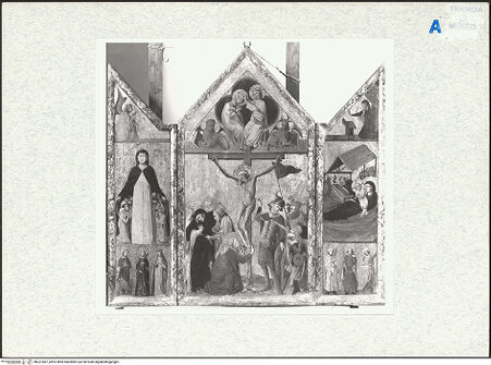 Vorderseite von Réunion des Musées Nationaux [https://www.deutsche-digitale-bibliothek.de/content/lizenzen/rv-ez/] Triptychon 1333 mit Kreuzigung, Marienkrönung und Darstellungen der Heiligen Katharina und Heiligen Margareta - , bh321847_recto. Foto.