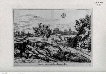 Vorderseite von Landesbildstelle Rheinland [http://creativecommons.org/publicdomain/mark/1.0/] Folge 'Opera selectiora ...'; 53 Blätter nach Werken Tizians und VeronesesJohannes in einer Landschaft mit dem Schaf spielend - , bh323471. Foto.