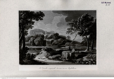 Vorderseite von Landesbildstelle Rheinland [http://creativecommons.org/publicdomain/mark/1.0/] Landschaft mit einem Kastell über einem Wasserfall; (Taf.17 od.18 aus: Raccolta di Paesi di Gaspare Dughet detto Pussino...) - , bh324579. Foto.