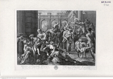 Vorderseite von Landesbildstelle Rheinland [http://creativecommons.org/publicdomain/mark/1.0/] Recueil d'Estampes d'après les plus célèbres tableaux de la Galerie Royale de Dresde. I. Volume. Contenant cinquante pieces avec une description de chaque tableau en francois et en italien. ... Imprimé a Dresde M.DCC.LIII.Tafel 21: Die Almosenspende des heiligen Rochus - , bh324591. Foto.