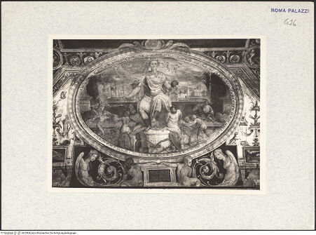 Vorderseite von Bibliotheca Hertziana [https://www.deutsche-digitale-bibliothek.de/content/lizenzen/rv-fz/] Personifikationen der Künste (Mitte) und Wissenschaften (Außenfelder)Gewölbefeld mit der Militia - , bh325846_recto. Foto.