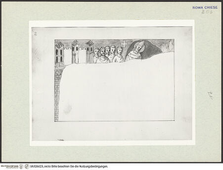 Vorderseite von Österreichische Nationalbibliothek Wien [https://www.deutsche-digitale-bibliothek.de/content/lizenzen/rv-ez/] Pitture copiate l'anno 1637 da Antonio Eclisse, custode delle Pitture delle Camere Papali di Rafaello d'Urbino, dalla Cappella antica, che stà avanti il Parlatorio delle Monache di Santi Quattro di Roma.Szene mit Papst Silvester - Gesamtansicht Buchseite, bh326623_recto. Foto.