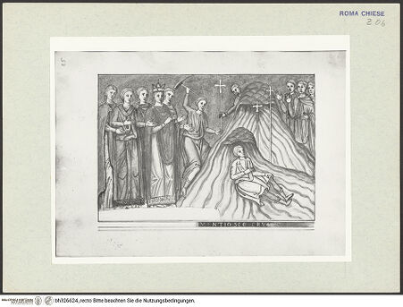 Vorderseite von Österreichische Nationalbibliothek Wien [https://www.deutsche-digitale-bibliothek.de/content/lizenzen/rv-ez/] Pitture copiate l'anno 1637 da Antonio Eclisse, custode delle Pitture delle Camere Papali di Rafaello d'Urbino, dalla Cappella antica, che stà avanti il Parlatorio delle Monache di Santi Quattro di Roma.Auffindung des wahren Kreuzes Christi - Gesamtansicht Buchseite, bh326624_recto. Foto.