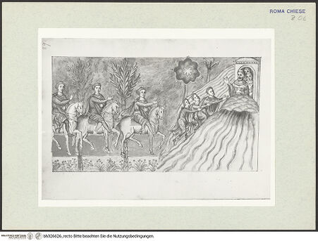 Vorderseite von Österreichische Nationalbibliothek Wien [https://www.deutsche-digitale-bibliothek.de/content/lizenzen/rv-ez/] Pitture copiate l'anno 1637 da Antonio Eclisse, custode delle Pitture delle Camere Papali di Rafaello d'Urbino, dalla Cappella antica, che stà avanti il Parlatorio delle Monache di Santi Quattro di Roma.Gesandte Konstantins reiten zu Papst Silvester auf den Monte Soratte und erreichen dessen Behausung - Gesamtansicht Buchseite, bh326626_recto. Foto.
