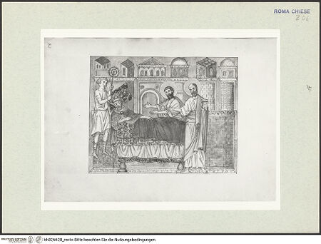 Vorderseite von Österreichische Nationalbibliothek Wien [https://www.deutsche-digitale-bibliothek.de/content/lizenzen/rv-ez/] Pitture copiate l'anno 1637 da Antonio Eclisse, custode delle Pitture delle Camere Papali di Rafaello d'Urbino, dalla Cappella antica, che stà avanti il Parlatorio delle Monache di Santi Quattro di Roma.Petrus und Paulus erscheinen dem heiligen Konstantin im Krankenlager - Gesamtansicht Buchseite, bh326628_recto. Foto.