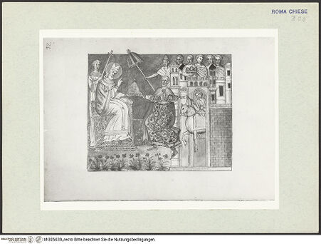 Vorderseite von Österreichische Nationalbibliothek Wien [https://www.deutsche-digitale-bibliothek.de/content/lizenzen/rv-ez/] Pitture copiate l'anno 1637 da Antonio Eclisse, custode delle Pitture delle Camere Papali di Rafaello d'Urbino, dalla Cappella antica, che stà avanti il Parlatorio delle Monache di Santi Quattro di Roma.Kaiser Konstantin überreicht Papst Silvester die Tiara - Gesamtansicht Buchseite, bh326630_recto. Foto.