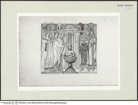 Vorderseite von Österreichische Nationalbibliothek Wien [https://www.deutsche-digitale-bibliothek.de/content/lizenzen/rv-ez/] Pitture copiate l'anno 1637 da Antonio Eclisse, custode delle Pitture delle Camere Papali di Rafaello d'Urbino, dalla Cappella antica, che stà avanti il Parlatorio delle Monache di Santi Quattro di Roma.Taufe Kaiser Konstantins durch den heiligen Silvester - Gesamtansicht Buchseite, bh326631_recto. Foto.