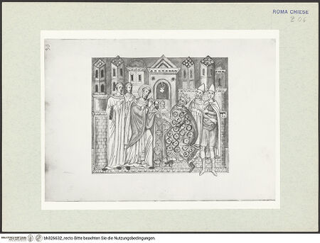 Vorderseite von Österreichische Nationalbibliothek Wien [https://www.deutsche-digitale-bibliothek.de/content/lizenzen/rv-ez/] Pitture copiate l'anno 1637 da Antonio Eclisse, custode delle Pitture delle Camere Papali di Rafaello d'Urbino, dalla Cappella antica, che stà avanti il Parlatorio delle Monache di Santi Quattro di Roma.Der heilige Silvester zeigt Konstantin die Bildnisse von Petrus und Paulus - Gesamtansicht Buchseite, bh326632_recto. Foto.