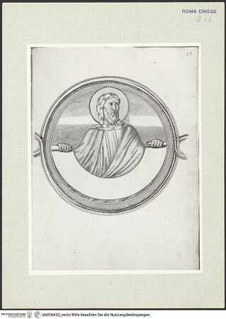 Vorderseite von Österreichische Nationalbibliothek Wien [https://www.deutsche-digitale-bibliothek.de/content/lizenzen/rv-ez/] Pitture copiate l'anno 1637 da Antonio Eclisse, custode delle Pitture delle Camere Papali di Rafaello d'Urbino, dalla Cappella antica, che stà avanti il Parlatorio delle Monache di Santi Quattro di Roma.Detail aus Prophetenfries: unbenannter Prophet - Gesamtansicht Buchseite, bh326633_recto. Foto.