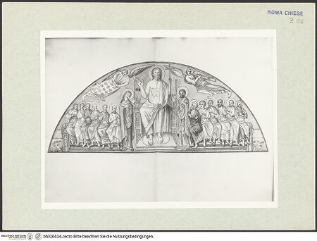 Vorderseite von Österreichische Nationalbibliothek Wien [https://www.deutsche-digitale-bibliothek.de/content/lizenzen/rv-ez/] Pitture copiate l'anno 1637 da Antonio Eclisse, custode delle Pitture delle Camere Papali di Rafaello d'Urbino, dalla Cappella antica, che stà avanti il Parlatorio delle Monache di Santi Quattro di Roma.Thronender Christus mit Maria, Johannes dem Täufer und Aposteln - Gesamtansicht Buchseite, bh326634_recto. Foto.