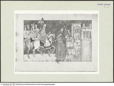 Vorderseite von Österreichische Nationalbibliothek Wien [https://www.deutsche-digitale-bibliothek.de/content/lizenzen/rv-ez/] Pitture copiate l'anno 1637 da Antonio Eclisse, custode delle Pitture delle Camere Papali di Rafaello d'Urbino, dalla Cappella antica, che stà avanti il Parlatorio delle Monache di Santi Quattro di Roma.Konstantins Zügeldienst am Pferd Silvesters - Gesamtansicht Buchseite, bh326635_recto. Foto.