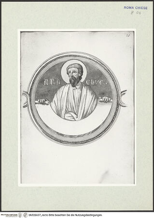 Vorderseite von Österreichische Nationalbibliothek Wien [https://www.deutsche-digitale-bibliothek.de/content/lizenzen/rv-ez/] Pitture copiate l'anno 1637 da Antonio Eclisse, custode delle Pitture delle Camere Papali di Rafaello d'Urbino, dalla Cappella antica, che stà avanti il Parlatorio delle Monache di Santi Quattro di Roma.Detail aus Prophetenfries: Habakuk - Gesamtansicht Buchseite, bh326637_recto. Foto.