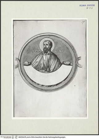 Vorderseite von Österreichische Nationalbibliothek Wien [https://www.deutsche-digitale-bibliothek.de/content/lizenzen/rv-ez/] Pitture copiate l'anno 1637 da Antonio Eclisse, custode delle Pitture delle Camere Papali di Rafaello d'Urbino, dalla Cappella antica, che stà avanti il Parlatorio delle Monache di Santi Quattro di Roma.Detail aus Prophetenfries: Amos - Gesamtansicht Buchseite, bh326639_recto. Foto.