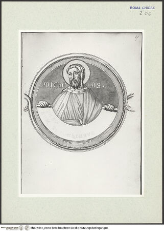 Vorderseite von Österreichische Nationalbibliothek Wien [https://www.deutsche-digitale-bibliothek.de/content/lizenzen/rv-ez/] Pitture copiate l'anno 1637 da Antonio Eclisse, custode delle Pitture delle Camere Papali di Rafaello d'Urbino, dalla Cappella antica, che stà avanti il Parlatorio delle Monache di Santi Quattro di Roma.Detail aus Prophetenfries: Micha - Gesamtansicht Buchseite, bh326641_recto. Foto.