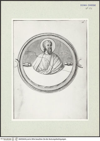 Vorderseite von Österreichische Nationalbibliothek Wien [https://www.deutsche-digitale-bibliothek.de/content/lizenzen/rv-ez/] Pitture copiate l'anno 1637 da Antonio Eclisse, custode delle Pitture delle Camere Papali di Rafaello d'Urbino, dalla Cappella antica, che stà avanti il Parlatorio delle Monache di Santi Quattro di Roma.Detail aus Prophetenfries: Joel - Gesamtansicht Buchseite, bh326644_recto. Foto.