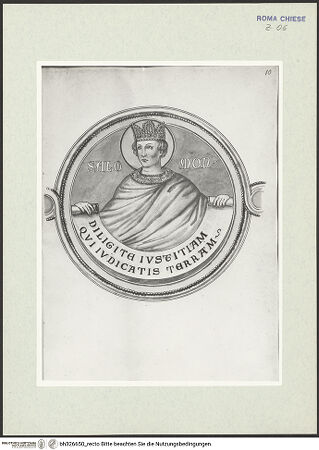 Vorderseite von Österreichische Nationalbibliothek Wien [https://www.deutsche-digitale-bibliothek.de/content/lizenzen/rv-ez/] Pitture copiate l'anno 1637 da Antonio Eclisse, custode delle Pitture delle Camere Papali di Rafaello d'Urbino, dalla Cappella antica, che stà avanti il Parlatorio delle Monache di Santi Quattro di Roma.Detail aus Prophetenfries: Salomon - Gesamtansicht Buchseite, bh326650_recto. Foto.