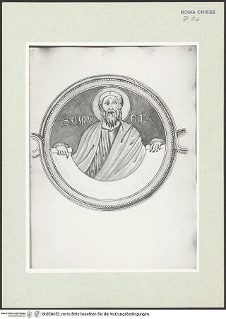 Vorderseite von Österreichische Nationalbibliothek Wien [https://www.deutsche-digitale-bibliothek.de/content/lizenzen/rv-ez/] Pitture copiate l'anno 1637 da Antonio Eclisse, custode delle Pitture delle Camere Papali di Rafaello d'Urbino, dalla Cappella antica, che stà avanti il Parlatorio delle Monache di Santi Quattro di Roma.Detail aus Prophetenfries: Samuel - Gesamtansicht Buchseite, bh326652_recto. Foto.