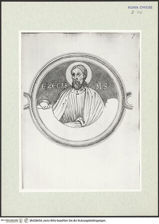 Vorderseite von Österreichische Nationalbibliothek Wien [https://www.deutsche-digitale-bibliothek.de/content/lizenzen/rv-ez/] Pitture copiate l'anno 1637 da Antonio Eclisse, custode delle Pitture delle Camere Papali di Rafaello d'Urbino, dalla Cappella antica, che stà avanti il Parlatorio delle Monache di Santi Quattro di Roma.Detail aus Prophetenfries: Ezechias - Gesamtansicht Buchseite, bh326653_recto. Foto.