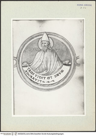 Vorderseite von Österreichische Nationalbibliothek Wien [https://www.deutsche-digitale-bibliothek.de/content/lizenzen/rv-ez/] Pitture copiate l'anno 1637 da Antonio Eclisse, custode delle Pitture delle Camere Papali di Rafaello d'Urbino, dalla Cappella antica, che stà avanti il Parlatorio delle Monache di Santi Quattro di Roma.Detail aus Prophetenfries: Abraham - Gesamtansicht Buchseite, bh326654_recto. Foto.