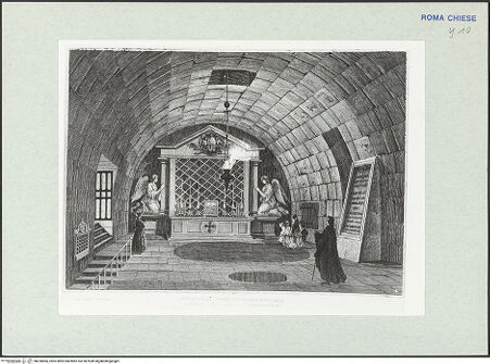Vorderseite von Gabinetto Comunale delle Stampe [https://www.deutsche-digitale-bibliothek.de/content/lizenzen/rv-ez/] I principali fori di Roma AnticaTafel 35: Carcere Mamertino; Blick ins Gewölbe auf Hauptaltar, betende Pilger - , bh326806_recto. Foto.