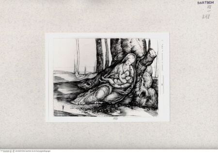 Vorderseite von unbekannt [https://www.deutsche-digitale-bibliothek.de/content/lizenzen/rv-fz/] Maria stillt das Christuskind während sie gegen einen Baum lehnt - , bh328459. Foto.