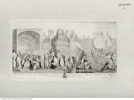 Vorderseite von Landesbildstelle Rheinland [http://creativecommons.org/publicdomain/mark/1.0/] Das Wunder mit dem Schiff und das Leichenbegängnis des Heiligen Rainer (Bl. XI aus 'Pitture a fresco del Campo Santo di Pisa...') - , bh331955. Foto.