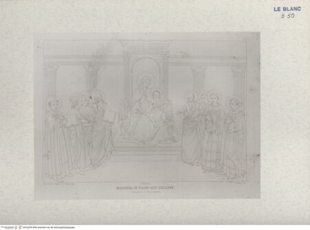 Vorderseite von Landesbildstelle Rheinland [http://creativecommons.org/publicdomain/mark/1.0/] Ernst Förster, 'Leben und Werke des Fra Giovanni Angelico de Fiesole'. Eine Monographie mit 22 Abb., Regensburg 1859Madonna in Trono mit Heiligen (Taf. III) - , bh332004. Foto.