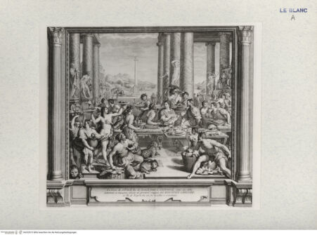 Vorderseite von Landesbildstelle Rheinland [http://creativecommons.org/publicdomain/mark/1.0/] Das Gastmahl des Syphax von Numidien (Villa Poggio a Caiano)-Bl. 1 aus d. Folge von 26 Blatt 'Pitture del Salone Imperiale .. Firenze ...' - , bh332015. Foto.