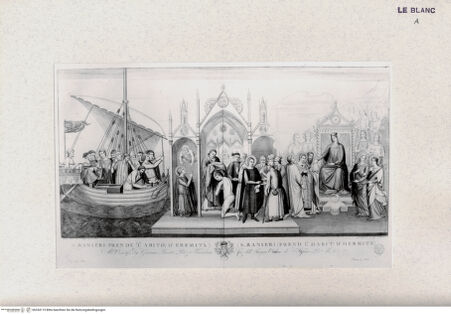 Vorderseite von Landesbildstelle Rheinland [http://creativecommons.org/publicdomain/mark/1.0/] Der Heilige Rainer teilt sein Vermögen unter die Armen und zieht die Pilgerkleidung an (Bl. VII aus 'Pitture a fresco del Campo Santo di Pisa..') - , bh334115. Foto.