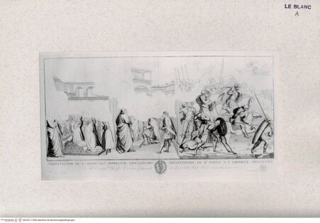 Vorderseite von Landesbildstelle Rheinland [http://creativecommons.org/publicdomain/mark/1.0/] Der Heilige Ephesus mit seiner Mutter zu den Füßen Diokletians - Christus gibt ihm zum Kampf gegen die Heiden das Kreuz (Blatt III aus 'Pitture a fresco del Campo Santo di Pisa ...') - , bh334117. Foto.