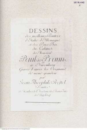 Vorderseite von Landesbildstelle Rheinland [http://creativecommons.org/publicdomain/mark/1.0/] Titelblatt zu Prestel: 'Dessins des meilleurs Peintres d'Italie, d'Allemagne, et des Pays-Bas, du Cabinet de M. Paul Praun' (1780) - , bh334156. Foto.