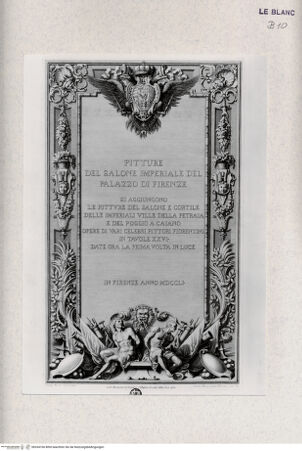 Vorderseite von Landesbildstelle Rheinland [http://creativecommons.org/publicdomain/mark/1.0/] Titelblatt 'Pitture del Salone Imperiale del Palazzo di Firenze. Si aggiungono le pitture del Salone e Cortile delle Imperiali Ville della Petraia e del Poggio a Caiano'. Firenze 1751 - , bh334166. Foto.