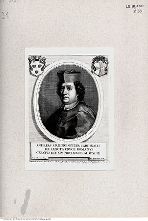 Vorderseite von Bibliotheca Hertziana [http://creativecommons.org/publicdomain/mark/1.0/] Effigies, nomina et cognomina S.D.N. Innocentii PP XI et RR. DD. S.R.E. cardd. nunc viventium / Jo. Iacobo de Rubeis, Roma 1706.Porträt des Kardinals Andrea Santacroce - , bh335230. Foto.