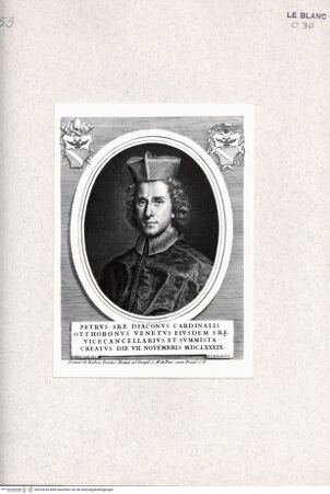 Vorderseite von Bibliotheca Hertziana [http://creativecommons.org/publicdomain/mark/1.0/] Effigies, nomina et cognomina S.D.N. Innocentii PP XI et RR. DD. S.R.E. cardd. nunc viventium / Jo. Iacobo de Rubeis, Roma 1706.Porträt des Kardinals Pietro Ottoboni - , bh335234. Foto.