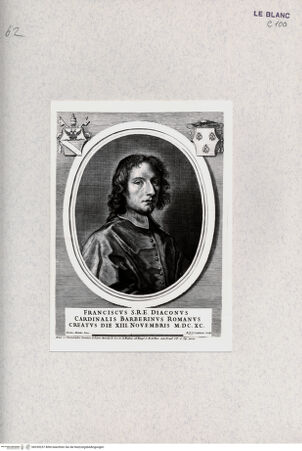 Vorderseite von Bibliotheca Hertziana [http://creativecommons.org/publicdomain/mark/1.0/] Effigies, nomina et cognomina S.D.N. Innocentii PP XI et RR. DD. S.R.E. cardd. nunc viventium / Jo. Iacobo de Rubeis, Roma 1706.Porträt des Kardinals Francesco Baberini - , bh335237. Foto.