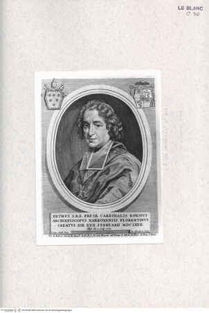 Vorderseite von Bibliotheca Hertziana [http://creativecommons.org/publicdomain/mark/1.0/] Vitae et res gestae pontificum Romanorum et S.R.E. cardinalium a Clemente X. usque ad Clementem XII. scriptae a Mario Guarnacci : quibus perducitur ad nostra haec tempora historia eorundem ab Alphonso Ciacconio aliisque descripta a S. Petro ad Clementem IX, Tomus Primus / Mario GuarnacciPorträt des Kardinals Pietro Bonsi - , bh335282. Foto.