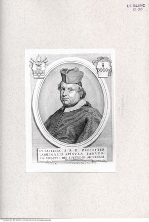 Vorderseite von Bibliotheca Hertziana [http://creativecommons.org/publicdomain/mark/1.0/] Vitae et res gestae pontificum Romanorum et S.R.E. cardinalium a Clemente X. usque ad Clementem XII. scriptae a Mario Guarnacci : quibus perducitur ad nostra haec tempora historia eorundem ab Alphonso Ciacconio aliisque descripta a S. Petro ad Clementem IX, Tomus Primus / Mario GuarnacciPorträt des Kardinals Giovanni Battista Spinola - , bh335283. Foto.