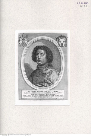 Vorderseite von Bibliotheca Hertziana [http://creativecommons.org/publicdomain/mark/1.0/] Vitae et res gestae pontificum Romanorum et S.R.E. cardinalium a Clemente X. usque ad Clementem XII. scriptae a Mario Guarnacci : quibus perducitur ad nostra haec tempora historia eorundem ab Alphonso Ciacconio aliisque descripta a S. Petro ad Clementem IX, Tomus Primus / Mario GuarnacciPorträt des Kardinals Fulvio Astalli - , bh335286. Foto.