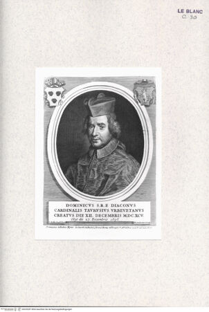 Vorderseite von Bibliotheca Hertziana [http://creativecommons.org/publicdomain/mark/1.0/] Vitae et res gestae pontificum Romanorum et S.R.E. cardinalium a Clemente X. usque ad Clementem XII. scriptae a Mario Guarnacci : quibus perducitur ad nostra haec tempora historia eorundem ab Alphonso Ciacconio aliisque descripta a S. Petro ad Clementem IX, Tomus Primus / Mario GuarnacciPorträt des Kardinals Domenico Taruggi - , bh335287. Foto.