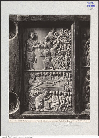 Vorderseite von Moscioni, Rom [https://www.deutsche-digitale-bibliothek.de/content/lizenzen/rv-ez/] Szenen aus dem Neuen und Alten TestamentDie wundersame Vermehrung von Brot und Fisch; Jesus wäscht die Füße der Apostel; das Abendmahl - Gesamtansicht, bh337274_recto. Foto.