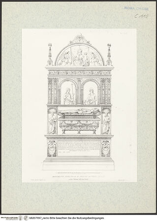 Vorderseite von Bibliotheca Hertziana [http://creativecommons.org/publicdomain/mark/1.0/] Raccolta di monumenti sacri e sepolcrali sculpiti in Roma nei secoli XV. e XVI. / misurati e disegnati dallo Arch. Francesco M. Tosi e a contorno intagliati in rame da Alessandro BecchioIIa parteTaf. 42 - , bh337997_recto. Foto.