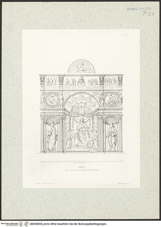Vorderseite von Bibliotheca Hertziana [http://creativecommons.org/publicdomain/mark/1.0/] Raccolta di monumenti sacri e sepolcrali sculpiti in Roma nei secoli XV. e XVI. / misurati e disegnati dallo Arch. Francesco M. Tosi e a contorno intagliati in rame da Alessandro BecchioIIa parteTafel 44: Altaraufsatz mit Tabernakel der Schule von Andrea Bregno in der Cappella Salviati in S. Gregorio Magno - , bh338003_recto. Foto.