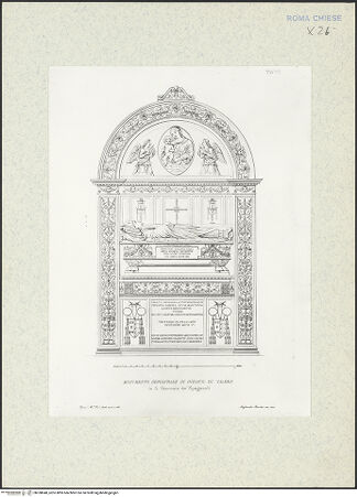 Vorderseite von Bibliotheca Hertziana [http://creativecommons.org/publicdomain/mark/1.0/] Raccolta di monumenti sacri e sepolcrali sculpiti in Roma nei secoli XV. e XVI. / misurati e disegnati dallo Arch. Francesco M. Tosi e a contorno intagliati in rame da Alessandro Becchio1a parteTaf. 7: Grabmal des Bischofs Diego Melendes Valdes (gesamt) - , bh338040_recto. Foto.